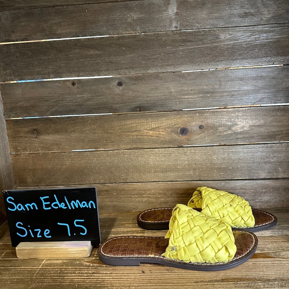 New NIB Womens Sam Edelman‎ Griffin Woven Yellow Leather Slides Sandals Size 7.5